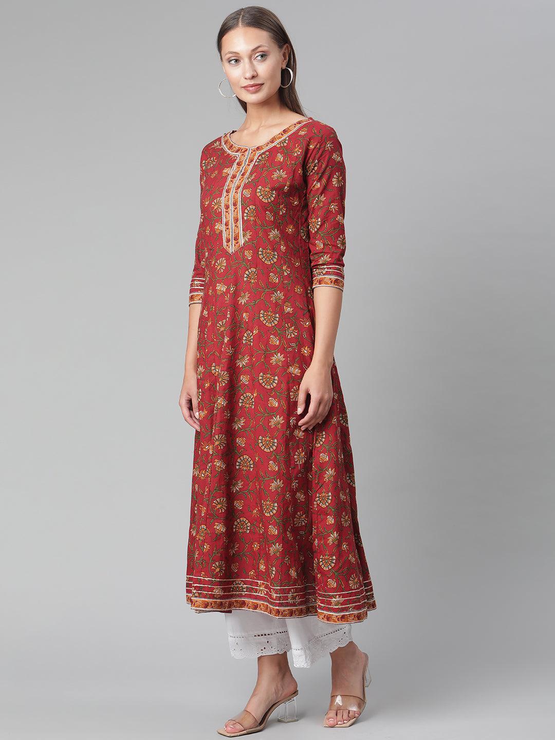  Red Flaired Cotton Anarkali Kurta -  world