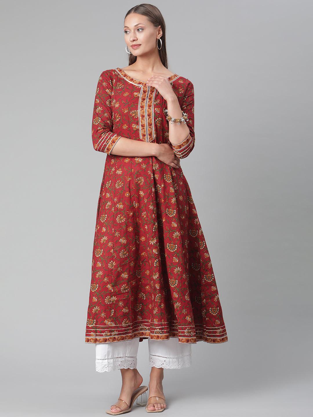  Red Flaired Cotton Anarkali Kurta -  world