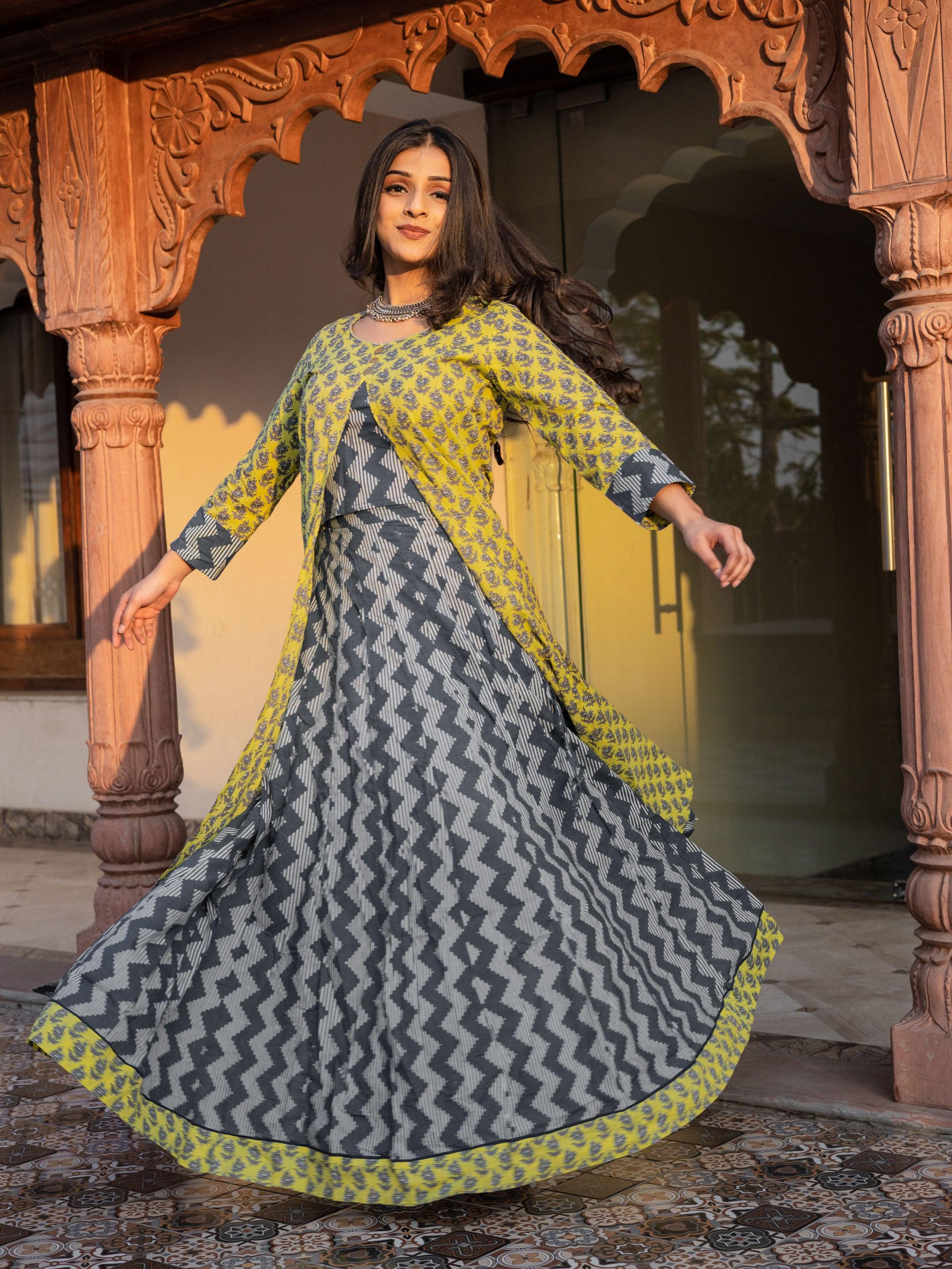  Yellow Shurg Style Cotton kurta with Skirt - world.com