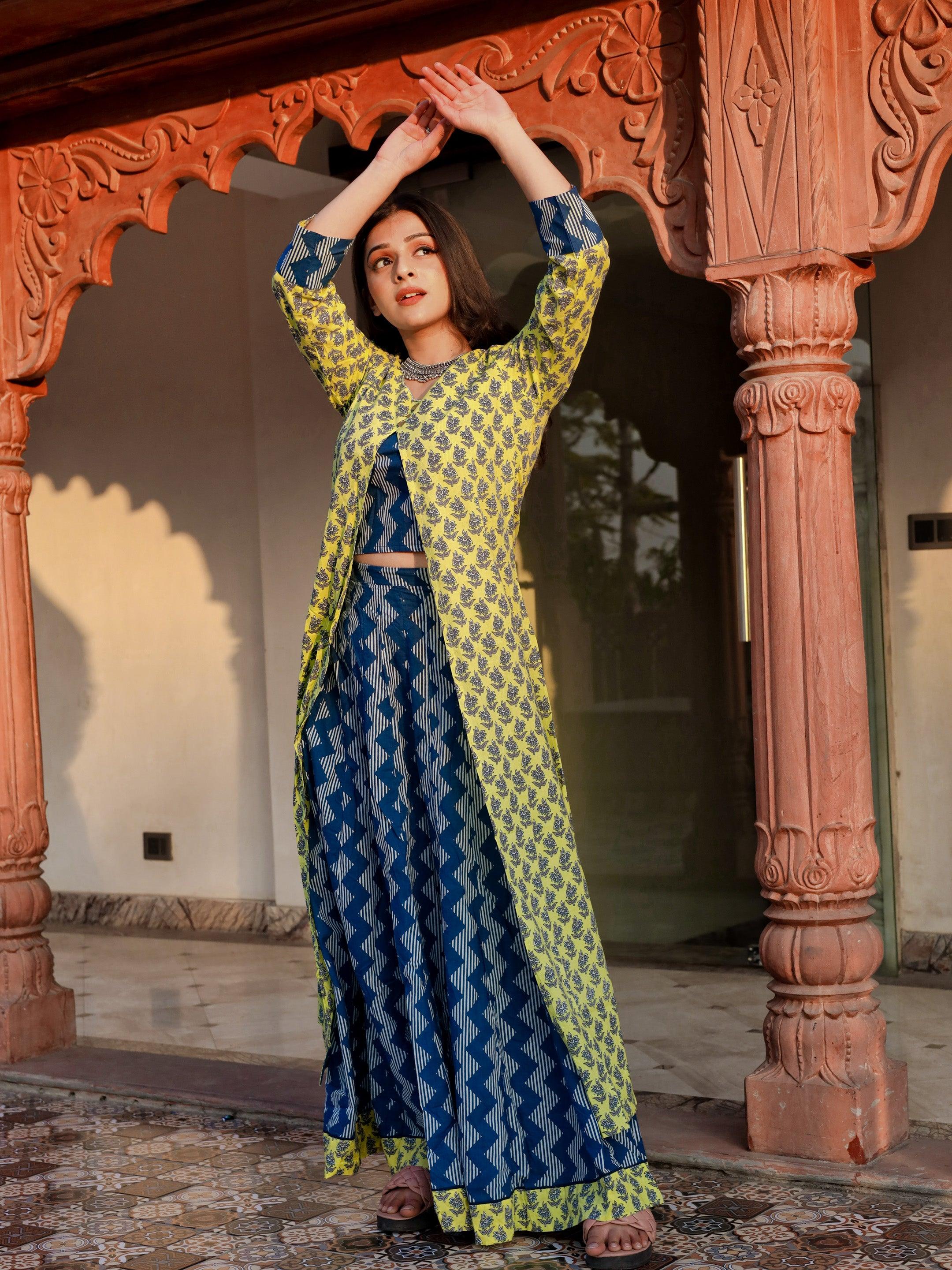  Yellow Shurg Style Cotton kurta with Skirt - world.com