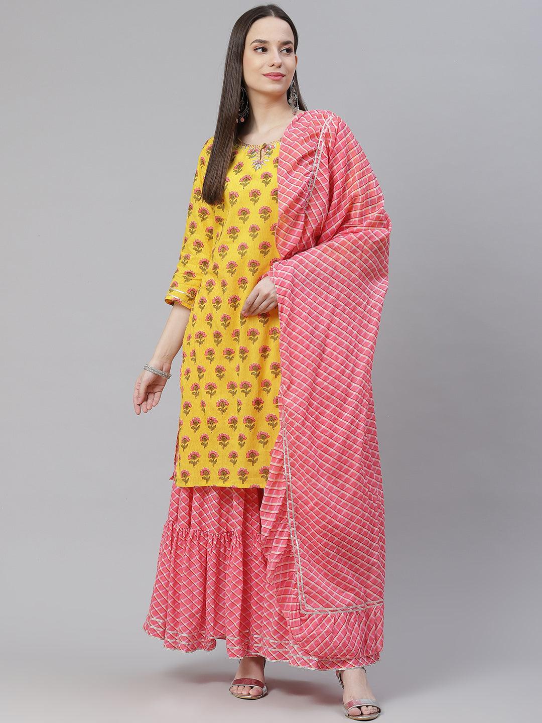  Yellow Printed Kurta with Lahariya Sharara and Ruffled Dupatta Set -  world