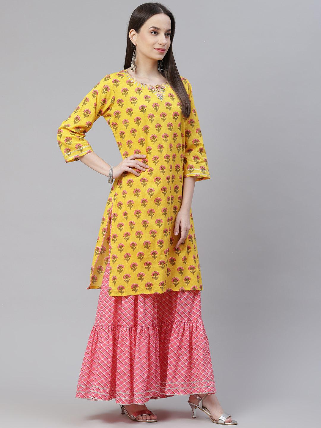 Yellow Printed Kurta with Lahariya Sharara and Ruffled Dupatta Set -  world
