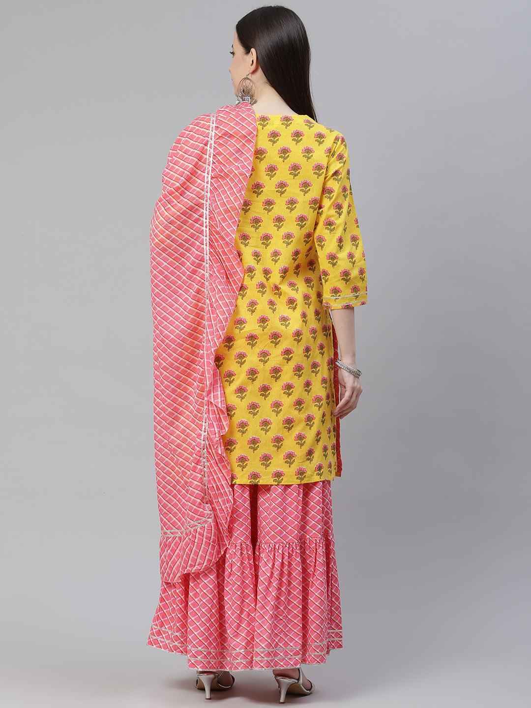  Yellow Printed Kurta with Lahariya Sharara and Ruffled Dupatta Set -  world