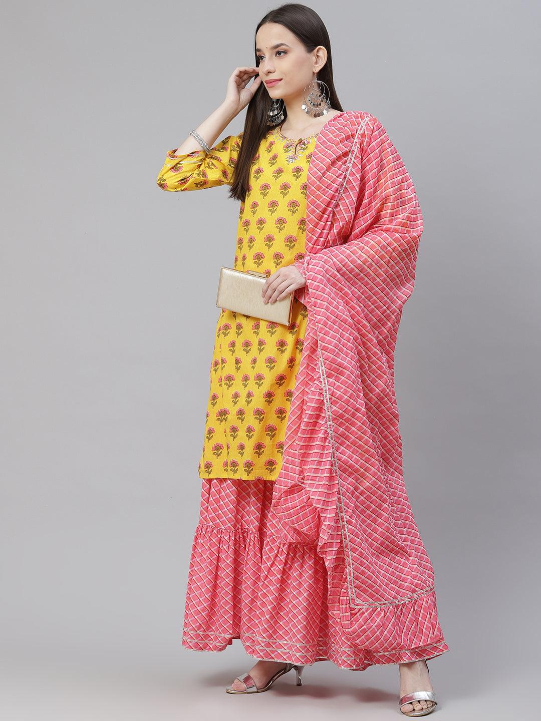  Yellow Printed Kurta with Lahariya Sharara and Ruffled Dupatta Set -  world