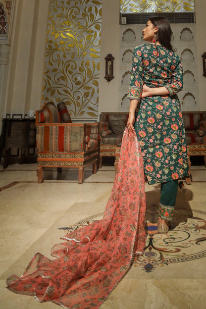  Green Floral Printed Kurta Pant Set with Dupatta - world.com