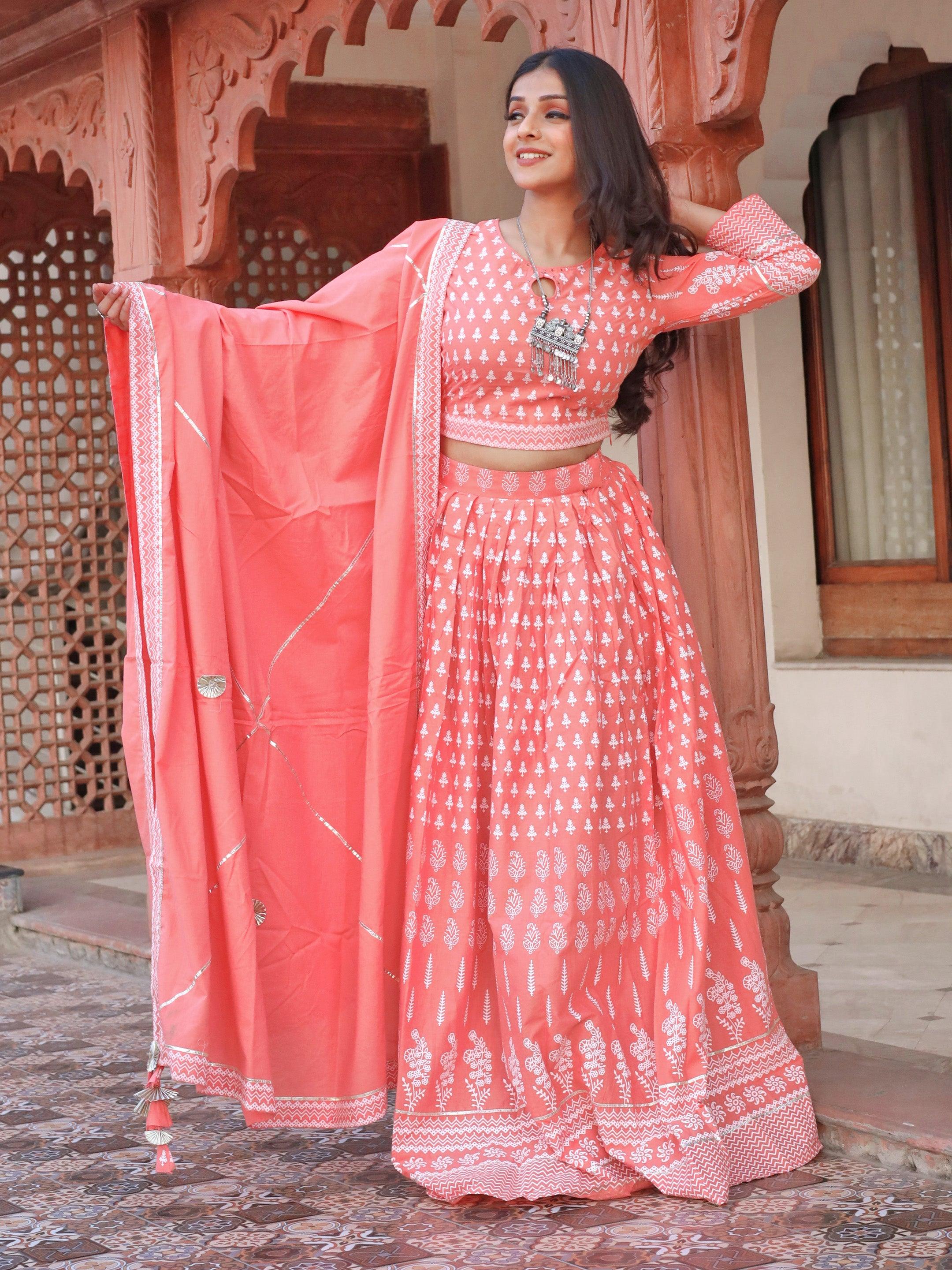  Pink Printed Crop Top, lehenga with Dupatta set - world.com
