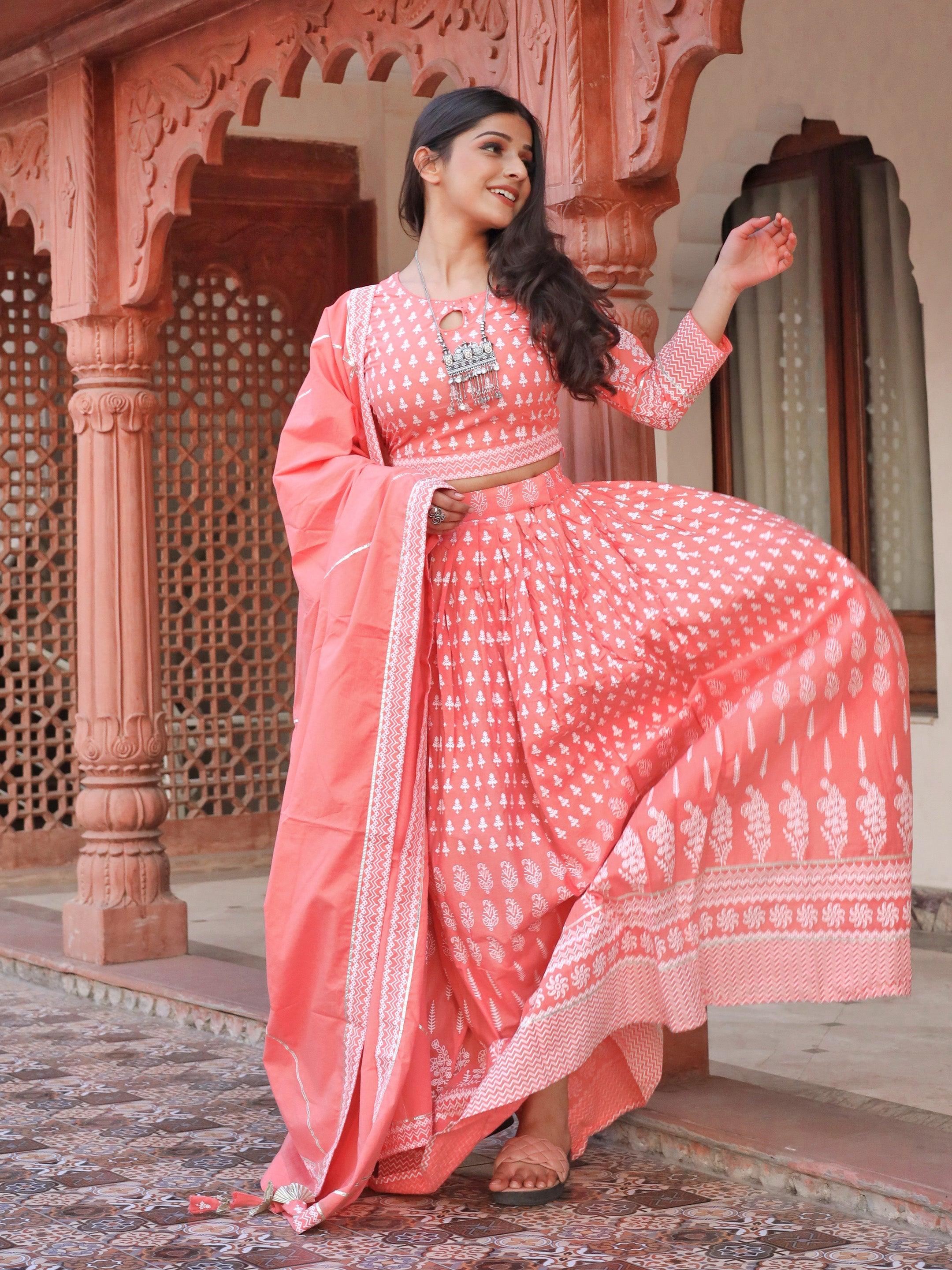  Pink Printed Crop Top, lehenga with Dupatta set - world.com