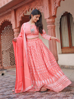 Pink Printed Crop Top, lehenga with Dupatta set