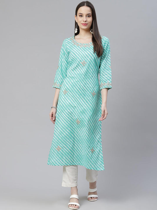  Green Leheriya Cotton Gota Patti Straight Kurta -  world