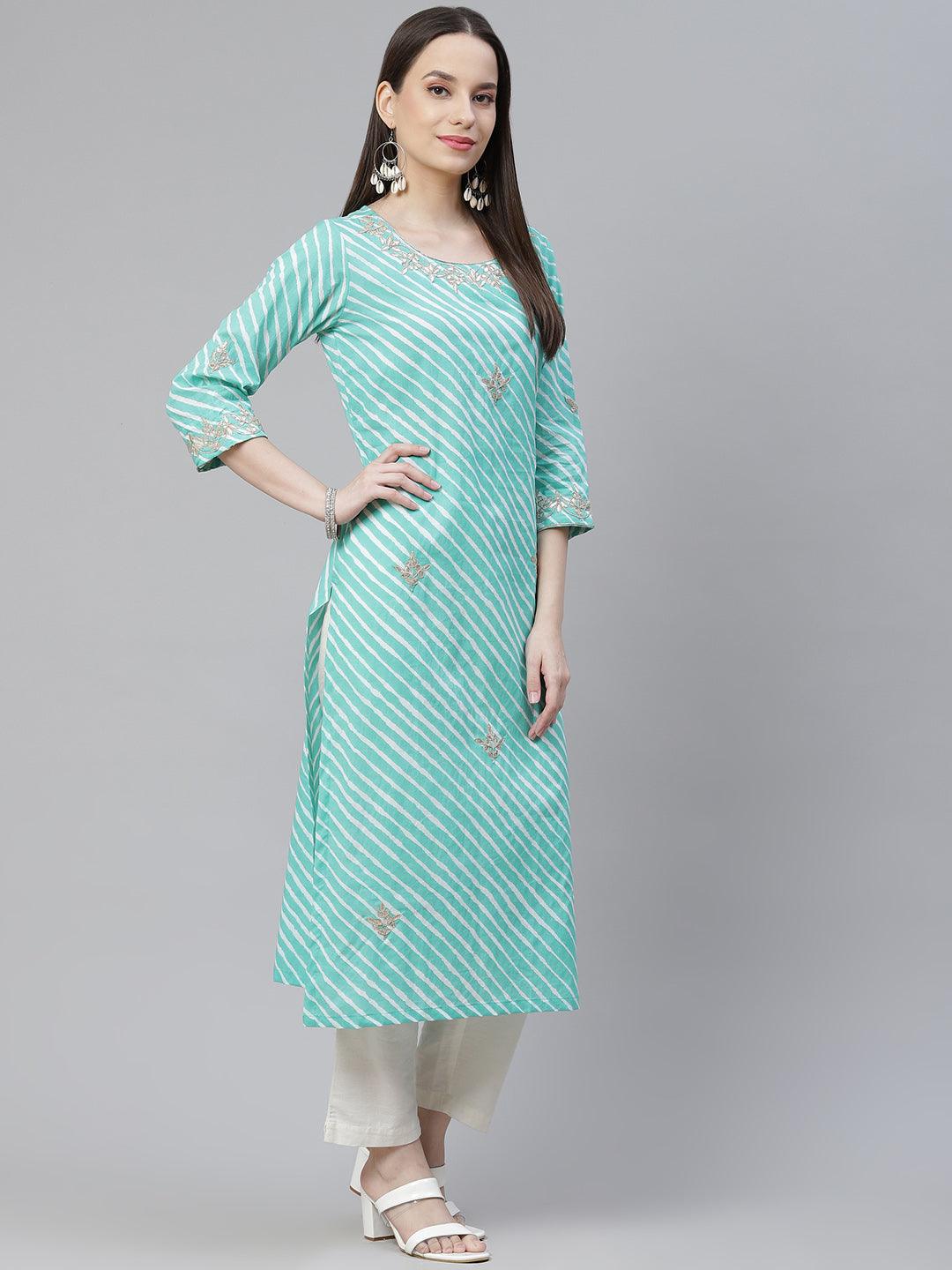  Green Leheriya Cotton Gota Patti Straight Kurta -  world
