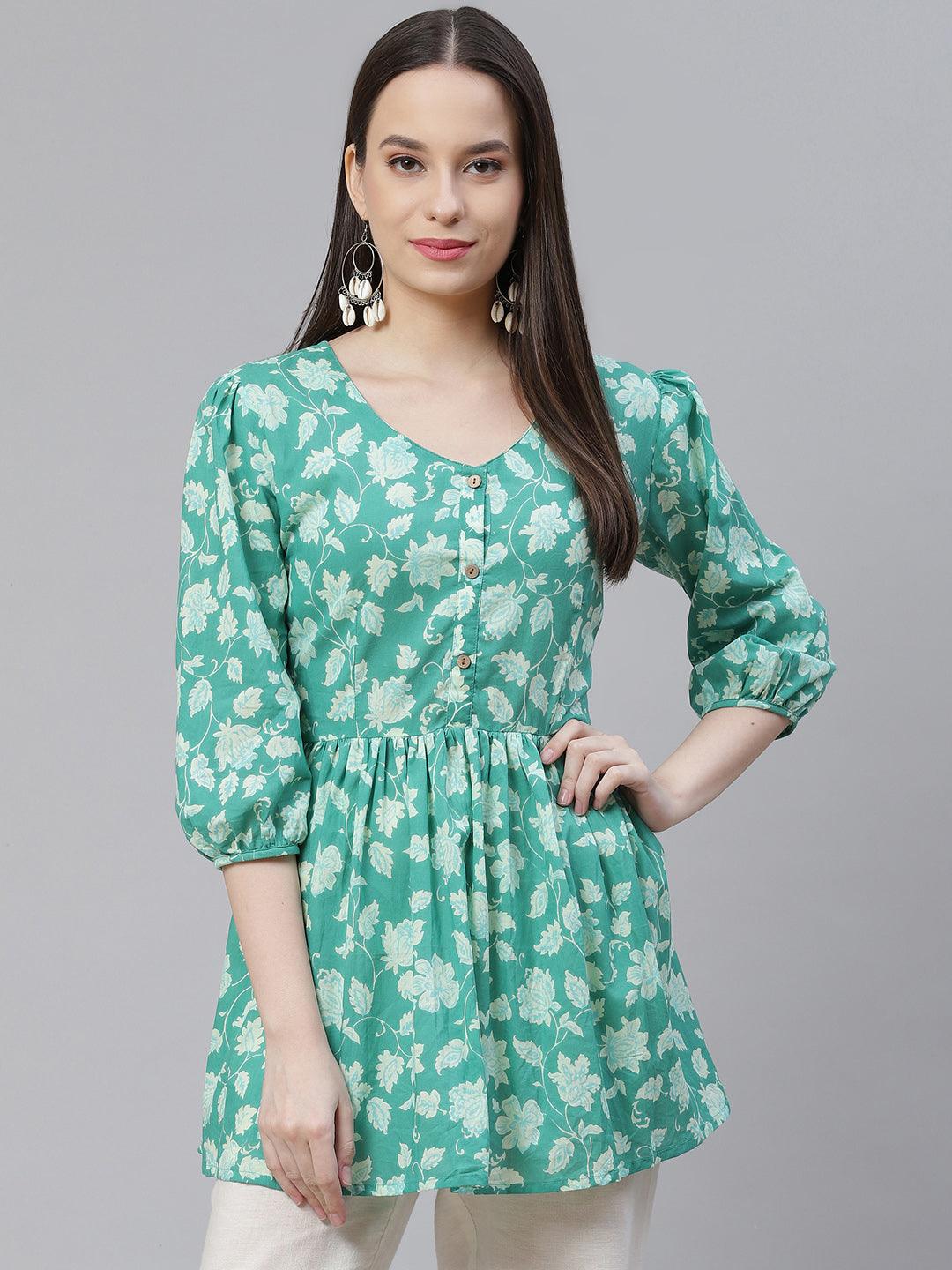  Sea green Floral Printed Peplum Cotton top -  world