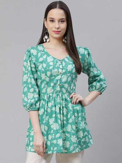  Sea green Floral Printed Peplum Cotton top -  world