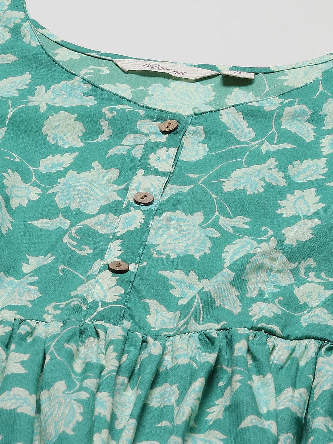  Sea green Floral Printed Peplum Cotton top -  world