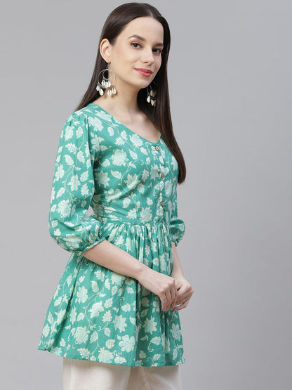  Sea green Floral Printed Peplum Cotton top -  world
