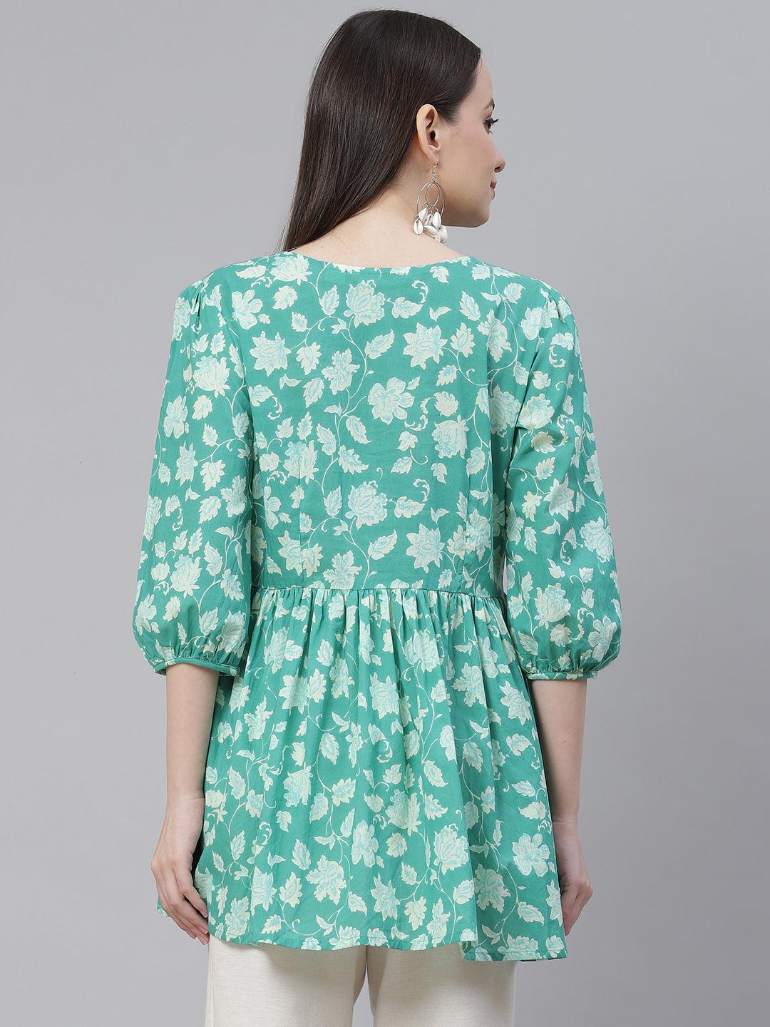  Sea green Floral Printed Peplum Cotton top -  world