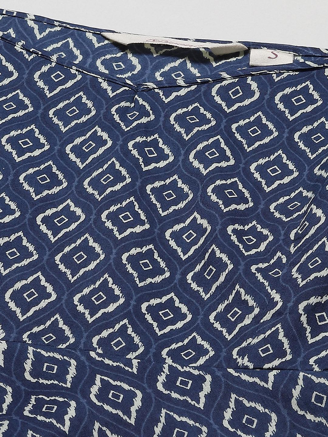  Blue geometric Printed Shoulder Strip Cotton Top -  world