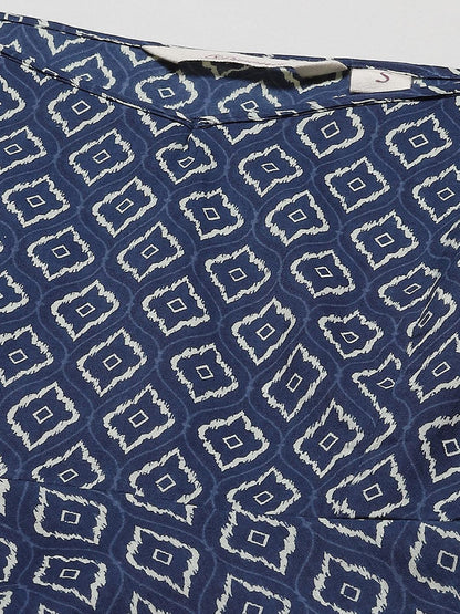  Blue geometric Printed Shoulder Strip Cotton Top -  world