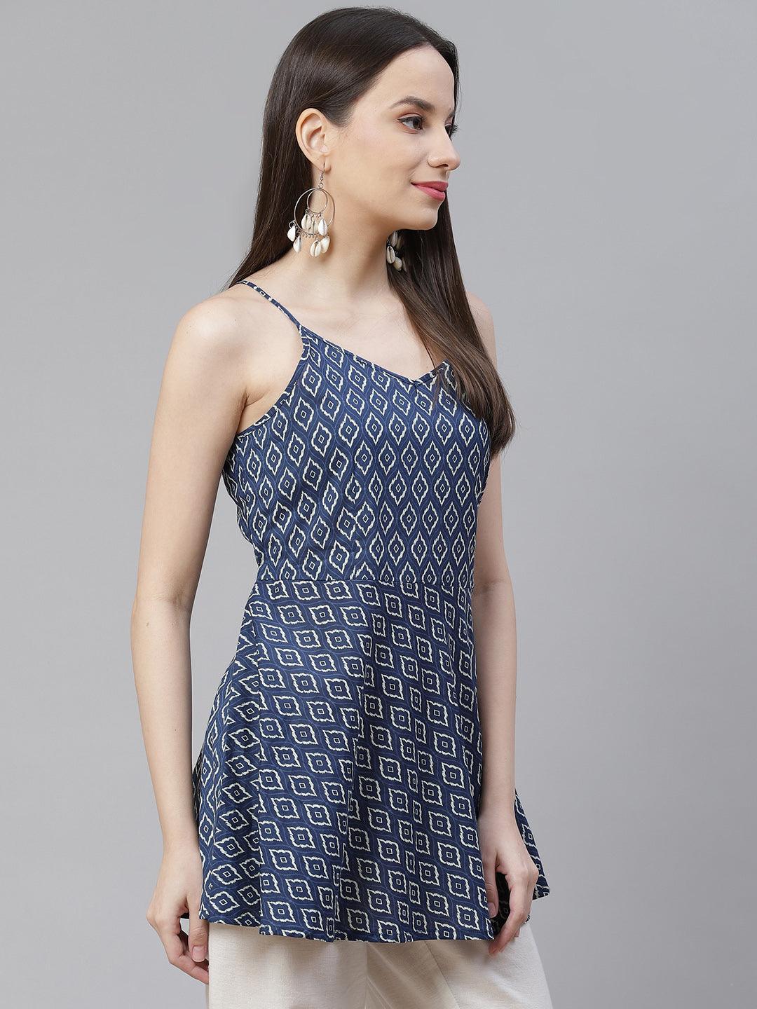  Blue geometric Printed Shoulder Strip Cotton Top -  world