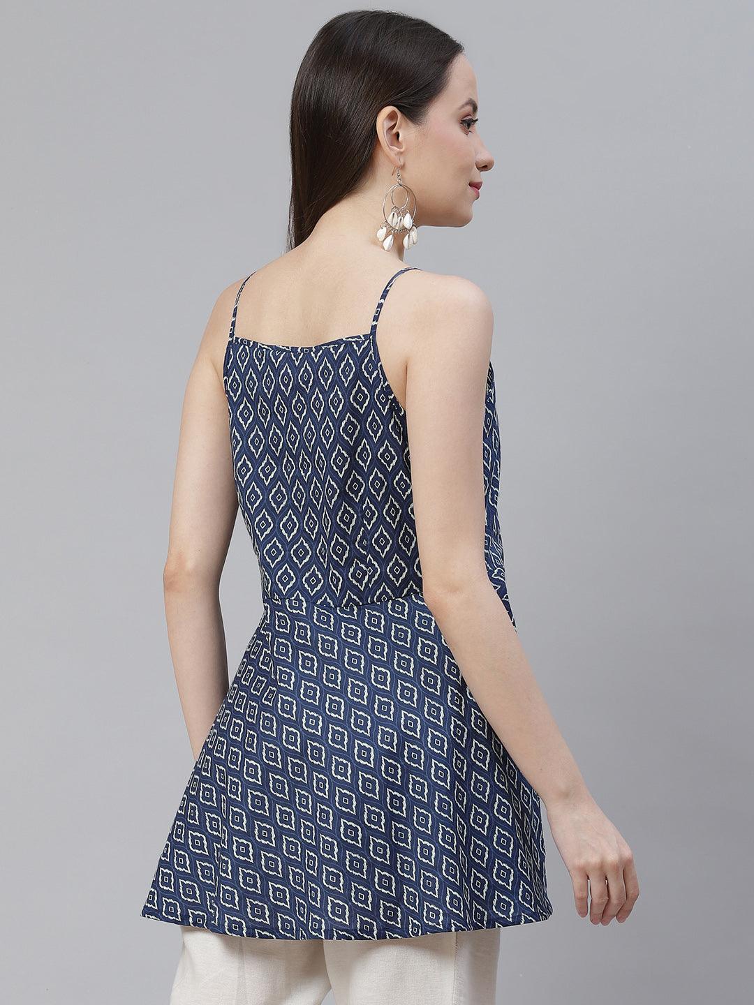  Blue geometric Printed Shoulder Strip Cotton Top -  world