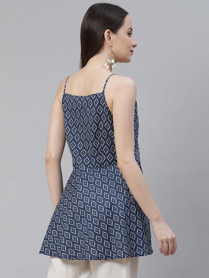  Blue geometric Printed Shoulder Strip Cotton Top -  world