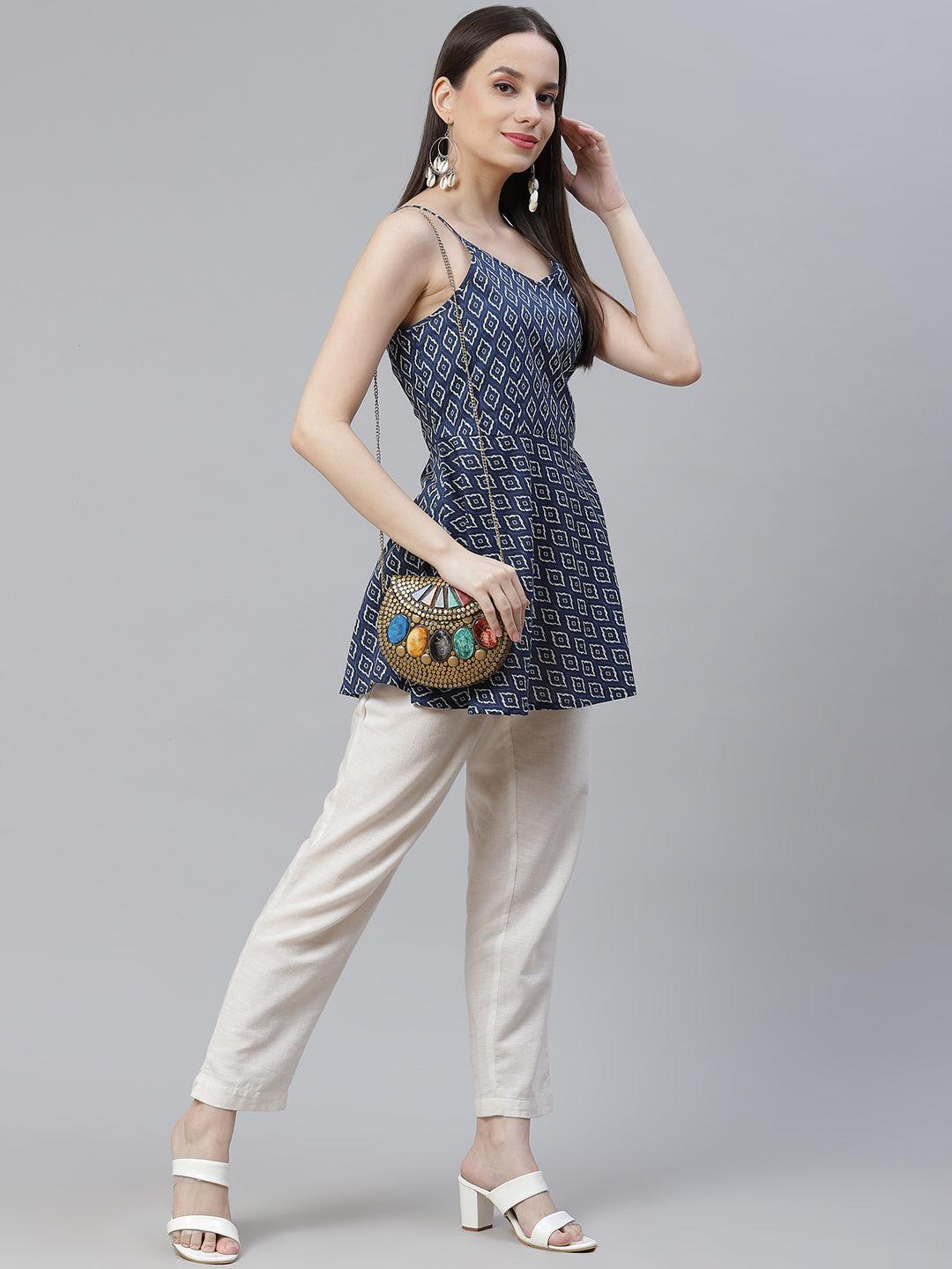  Blue geometric Printed Shoulder Strip Cotton Top -  world