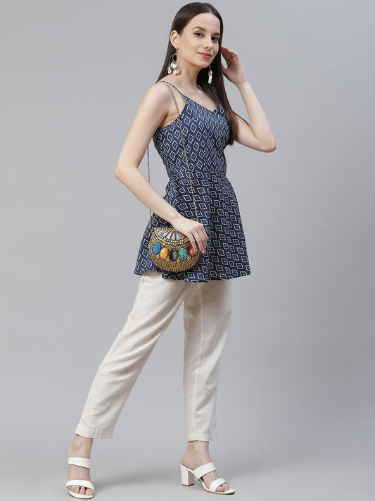  Blue geometric Printed Shoulder Strip Cotton Top -  world