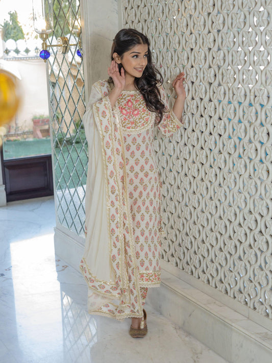  Off white Cotton Straight Kurta Pant set with Dupatta - world.com