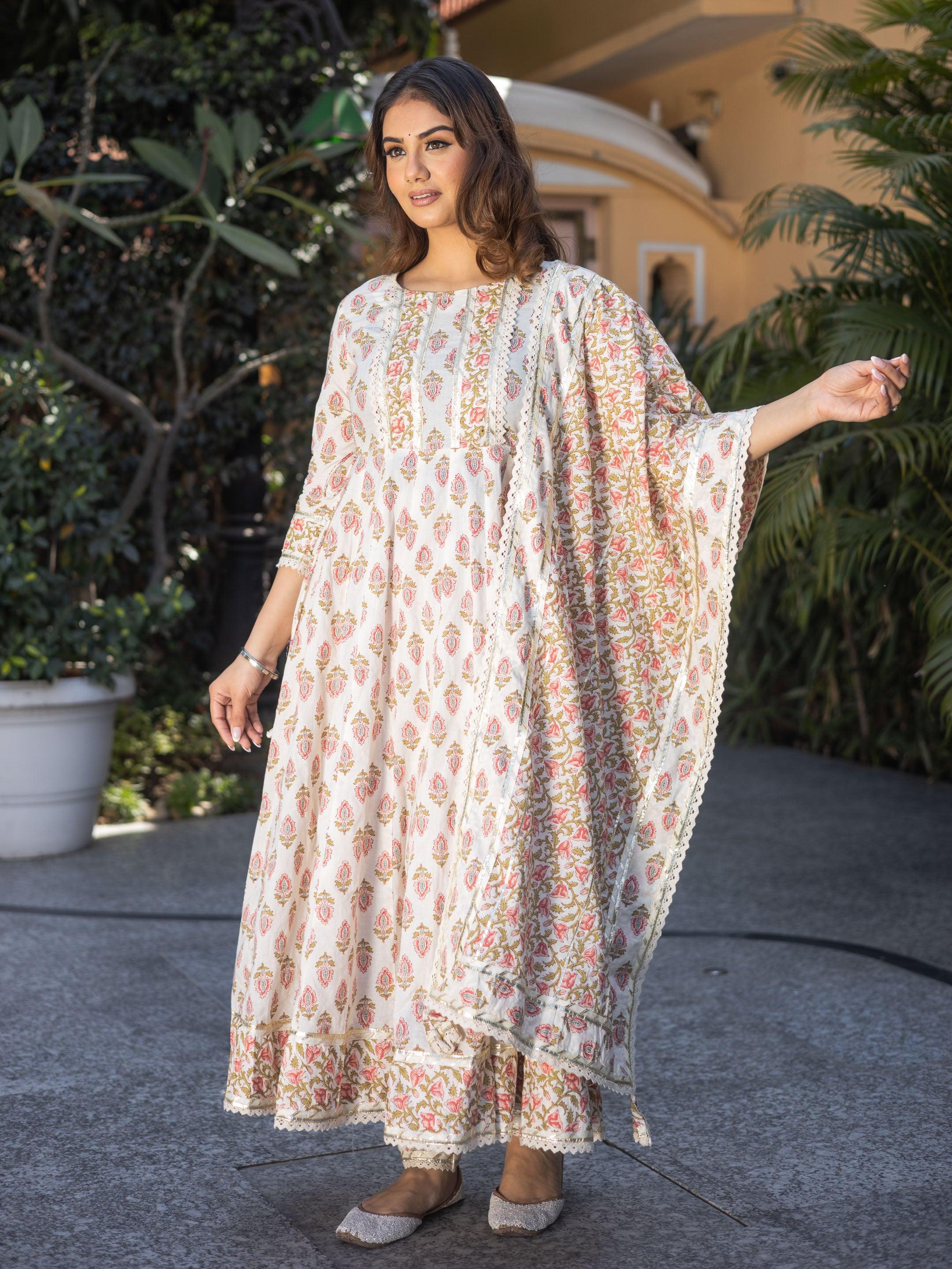  Cream Floral Anarkali Cotton Kurta Palazzo set with Dupatta - world.com