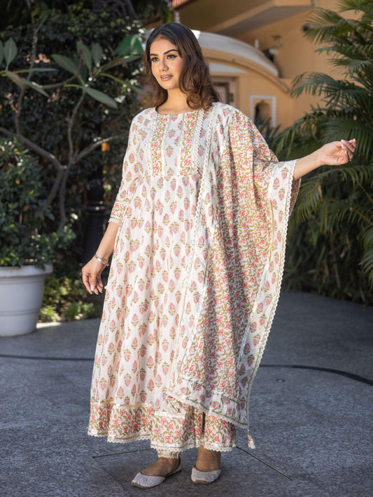  Cream Floral Anarkali Cotton Kurta Palazzo set with Dupatta - world.com