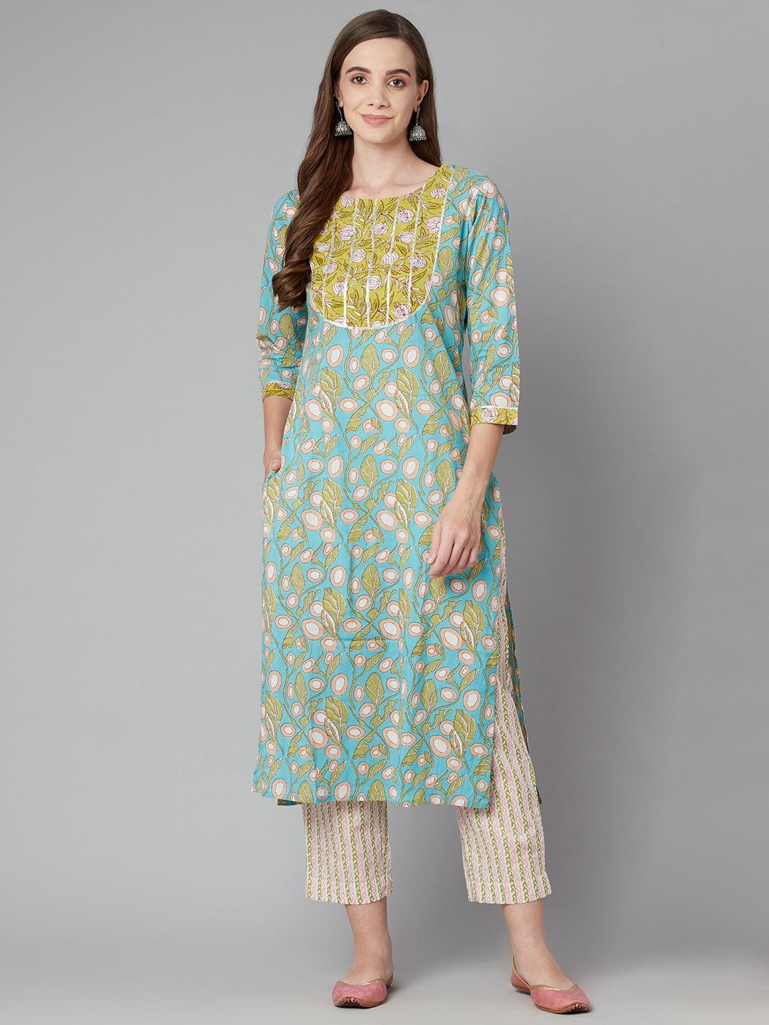  Sky blue Floral Printed Cotton kurta Pant Set -  world