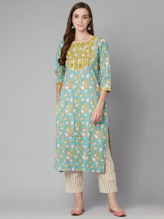  Sky blue Floral Printed Cotton kurta Pant Set -  world