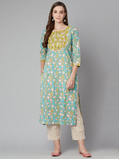 Sky blue Floral Printed Cotton kurta Pant Set