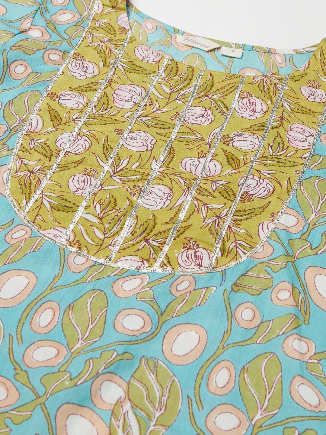  Sky blue Floral Printed Cotton kurta Pant Set -  world