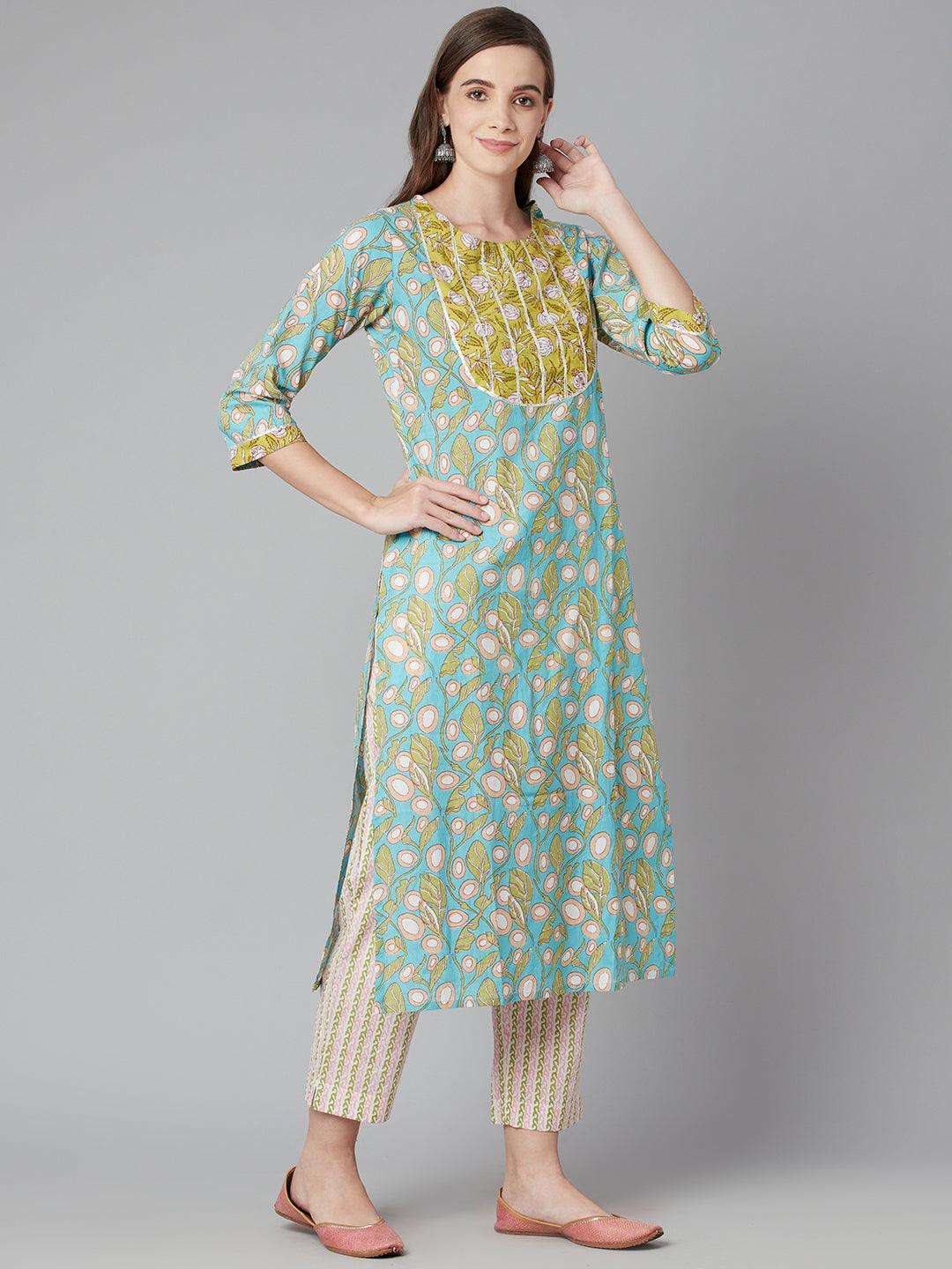  Sky blue Floral Printed Cotton kurta Pant Set -  world