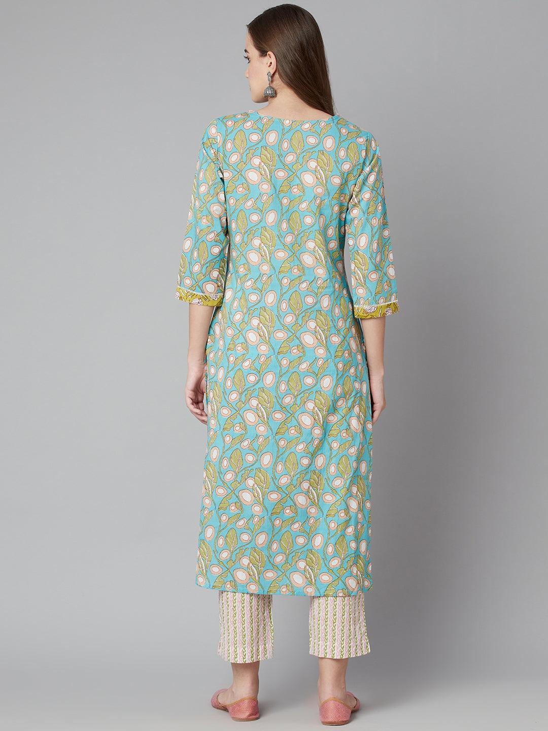  Sky blue Floral Printed Cotton kurta Pant Set -  world