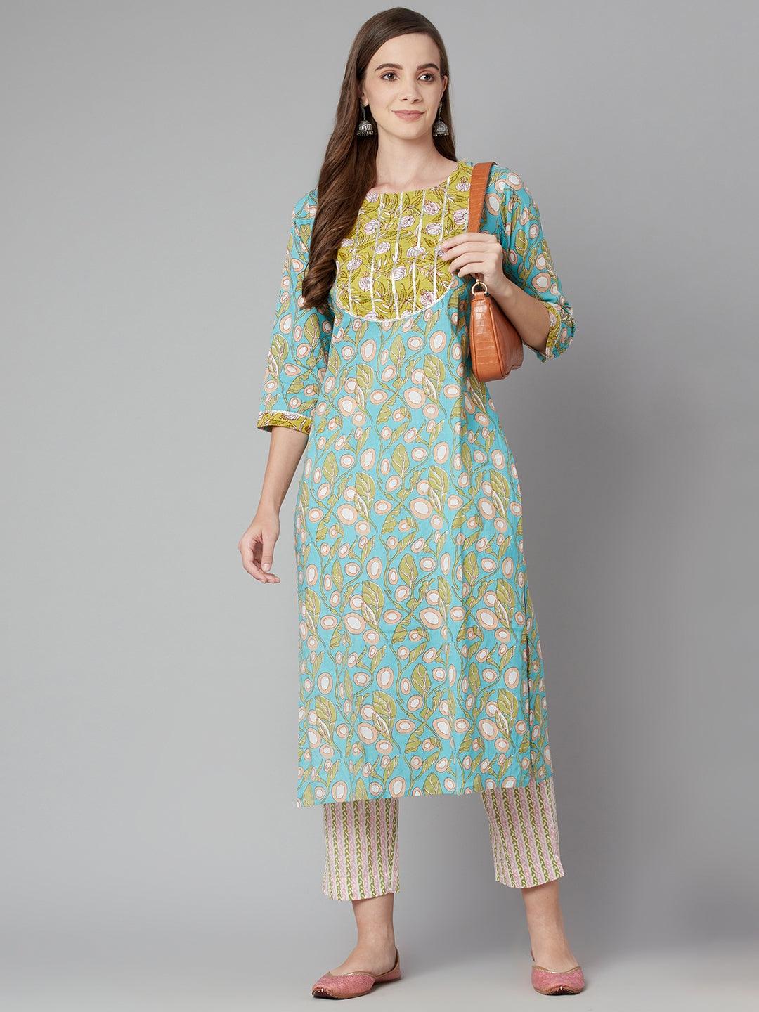  Sky blue Floral Printed Cotton kurta Pant Set -  world