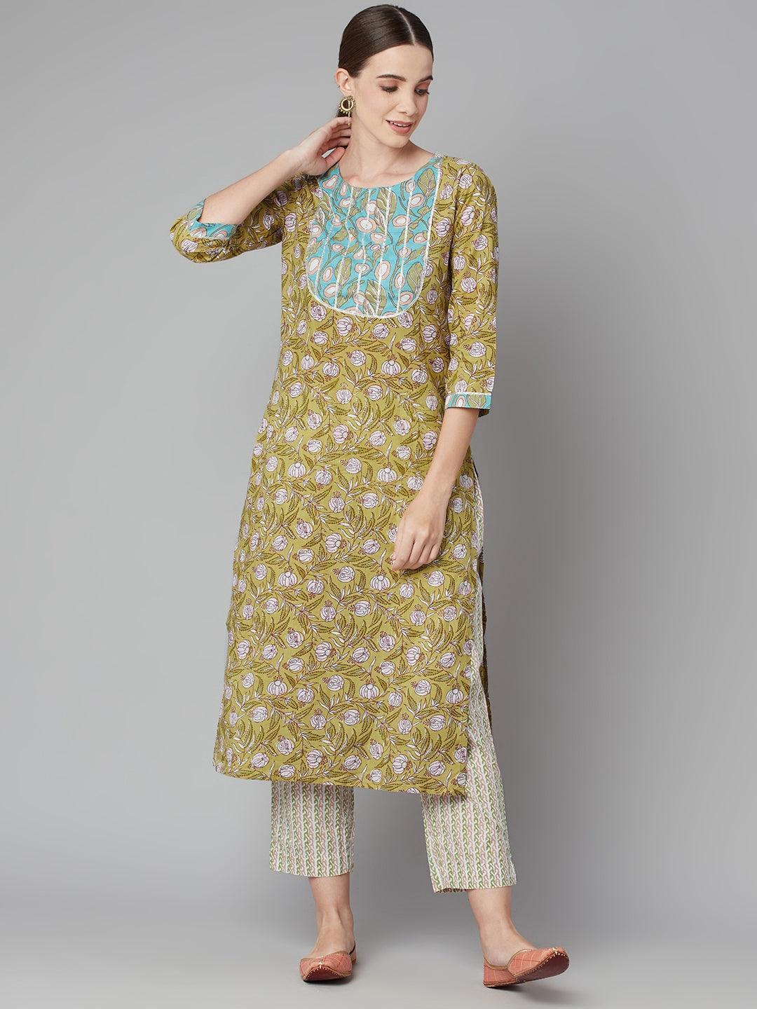  Pastel green Floral Printed Cotton kurta Pant Set -  world