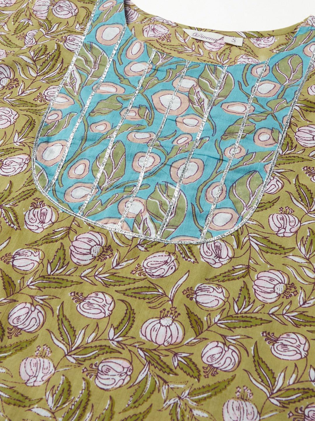  Pastel green Floral Printed Cotton kurta Pant Set -  world