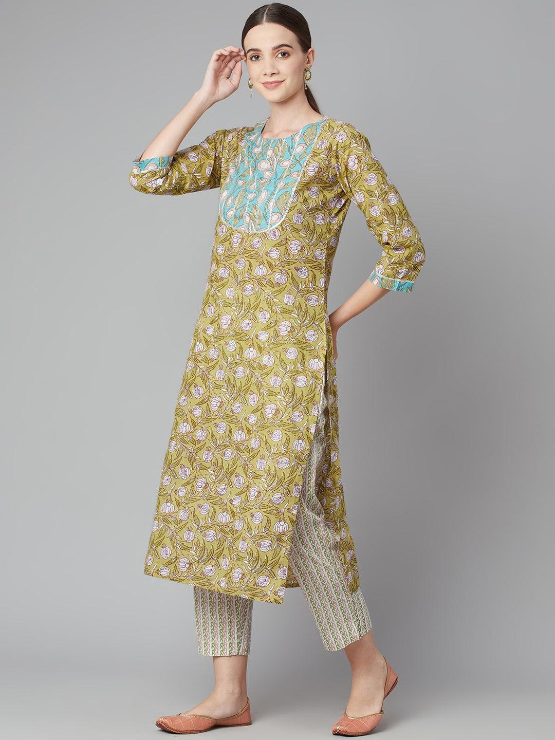  Pastel green Floral Printed Cotton kurta Pant Set -  world