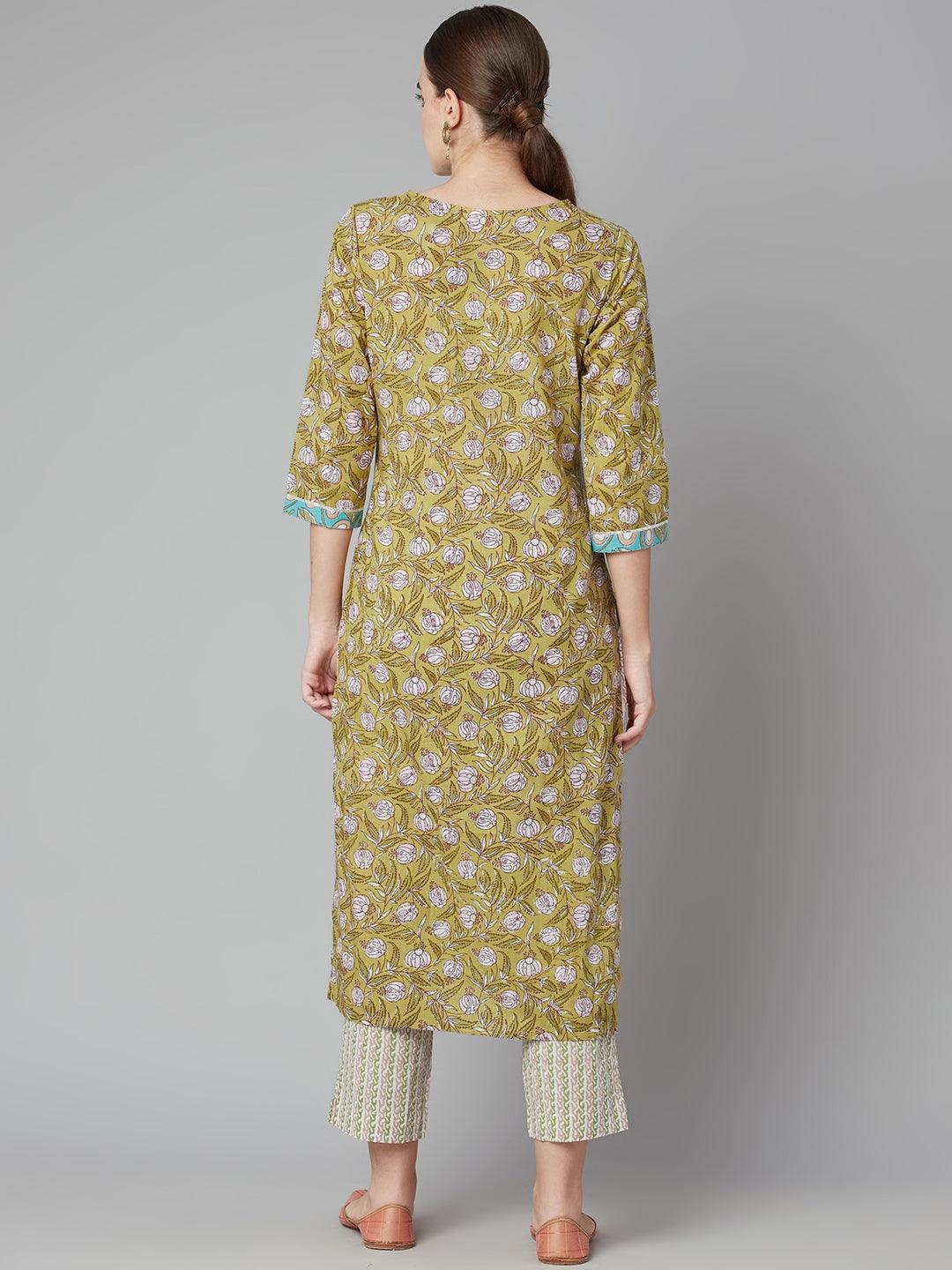  Pastel green Floral Printed Cotton kurta Pant Set -  world
