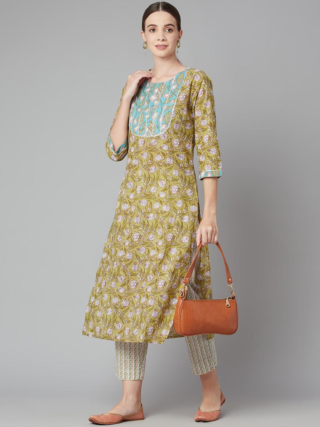  Pastel green Floral Printed Cotton kurta Pant Set -  world