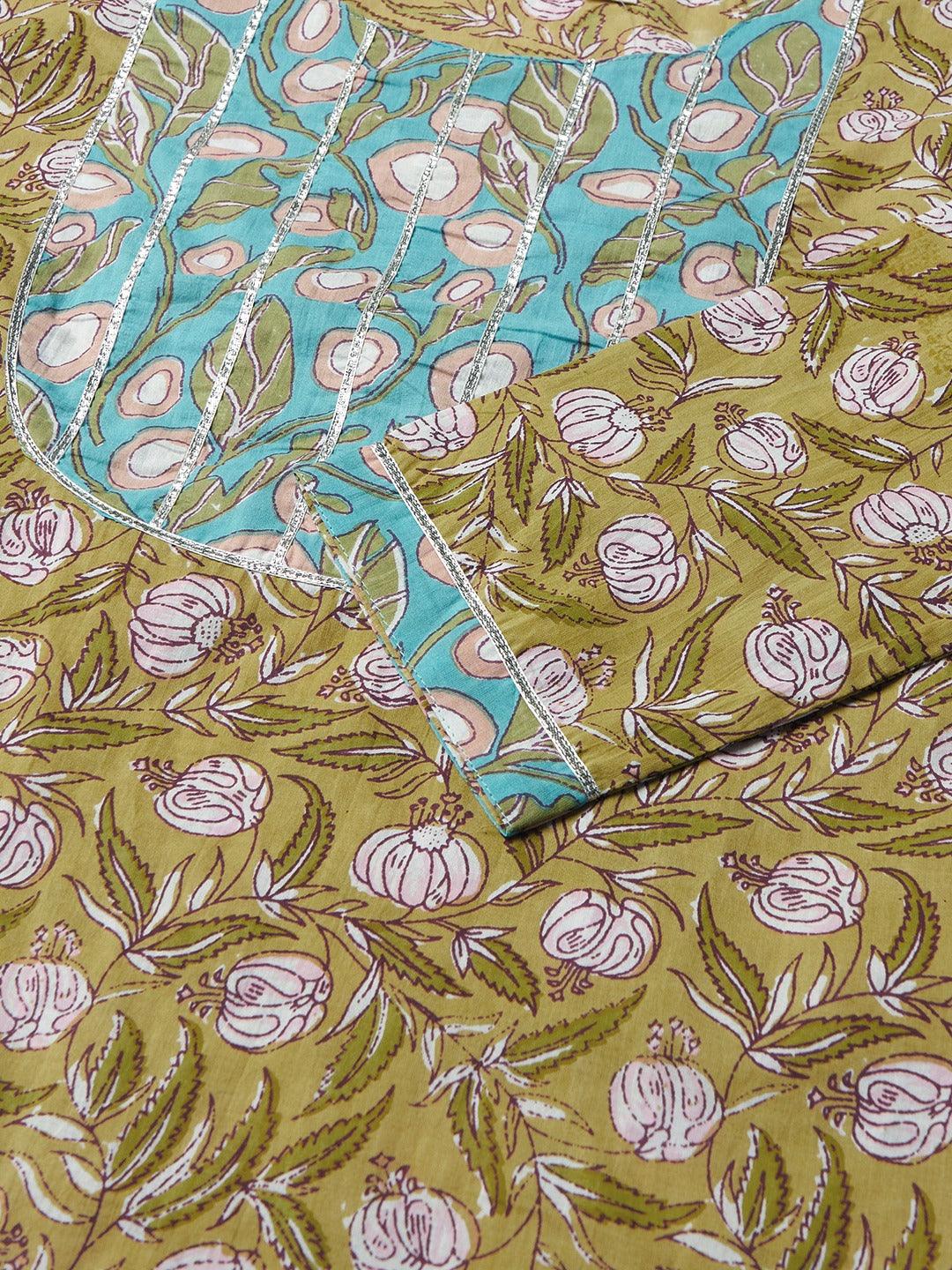  Pastel green Floral Printed Cotton kurta Pant Set -  world