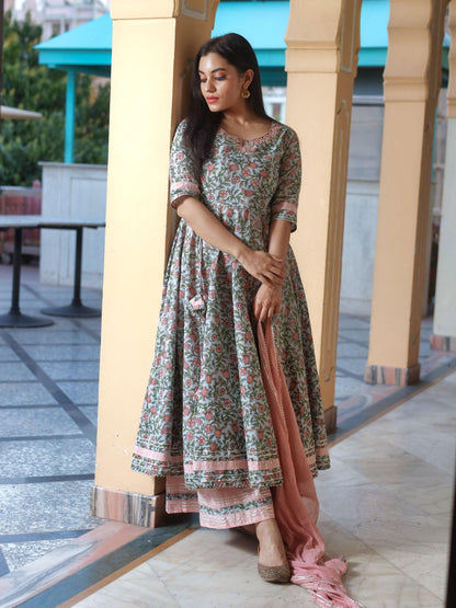  Pastel Blue Floral Anarkali Cotton Kurta Palazzo set with Dupatta - world.com