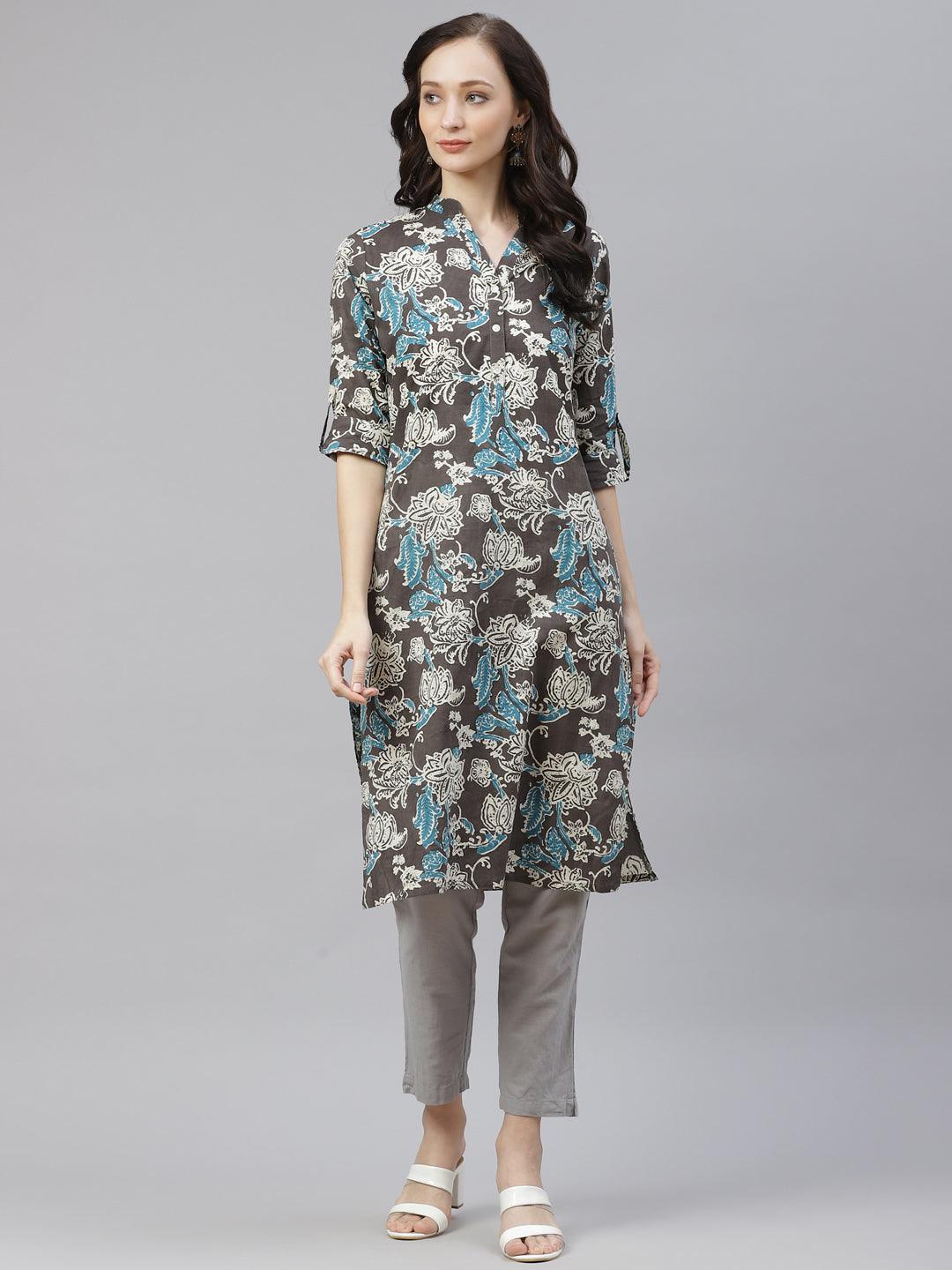  Brown Floral printed Straight kurta -  world