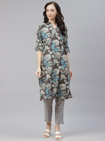  Brown Floral printed Straight kurta -  world