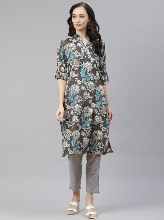  Brown Floral printed Straight kurta -  world
