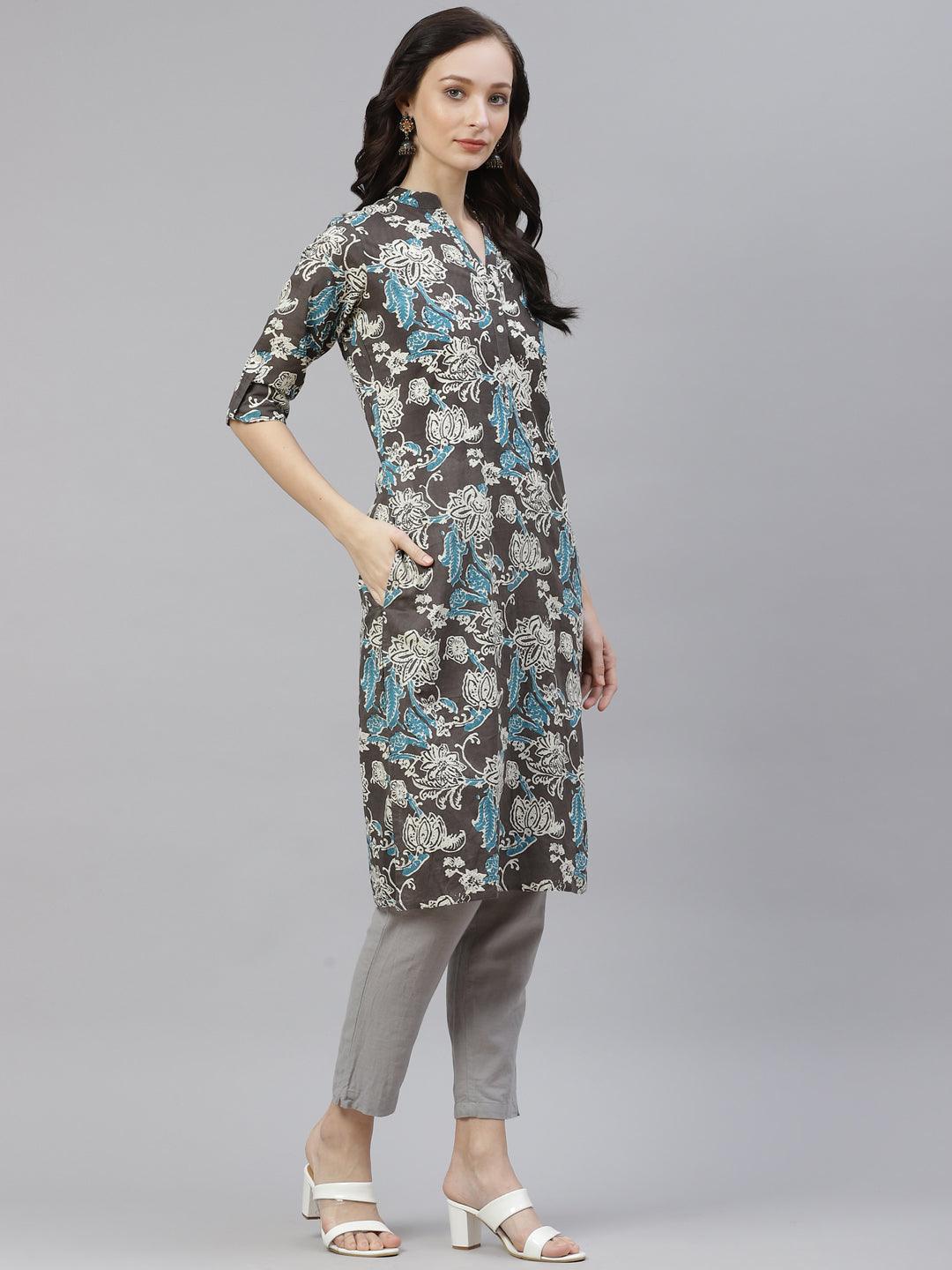  Brown Floral printed Straight kurta -  world