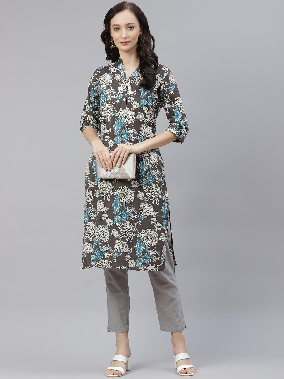 Brown Floral printed Straight kurta -  world
