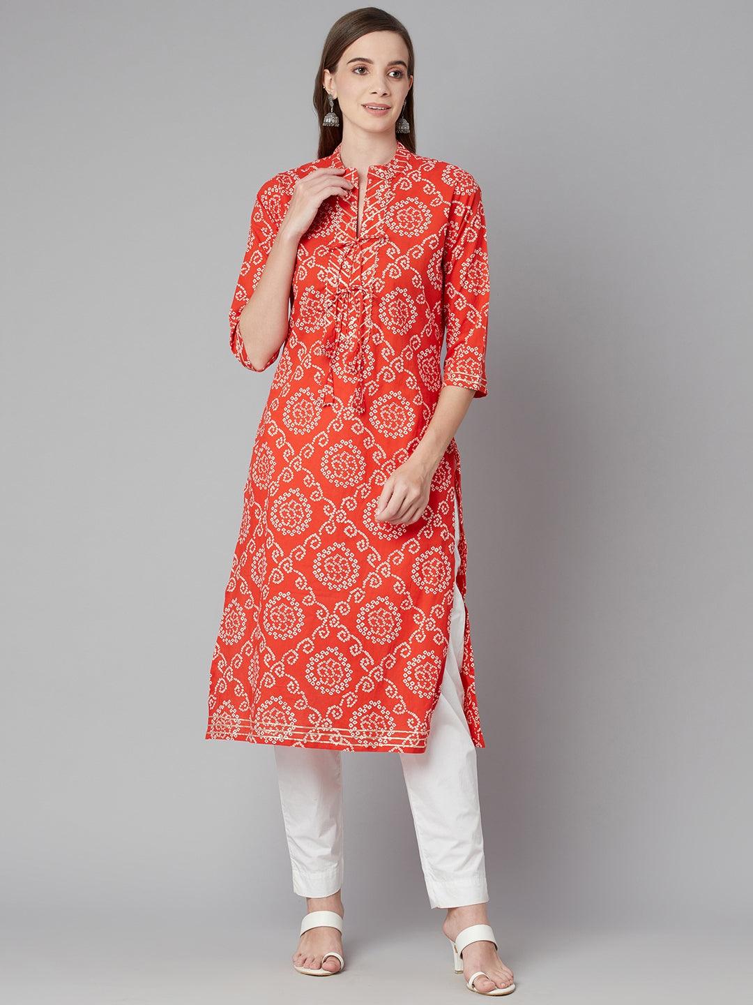  Red bandhej Straight Kurta -  world