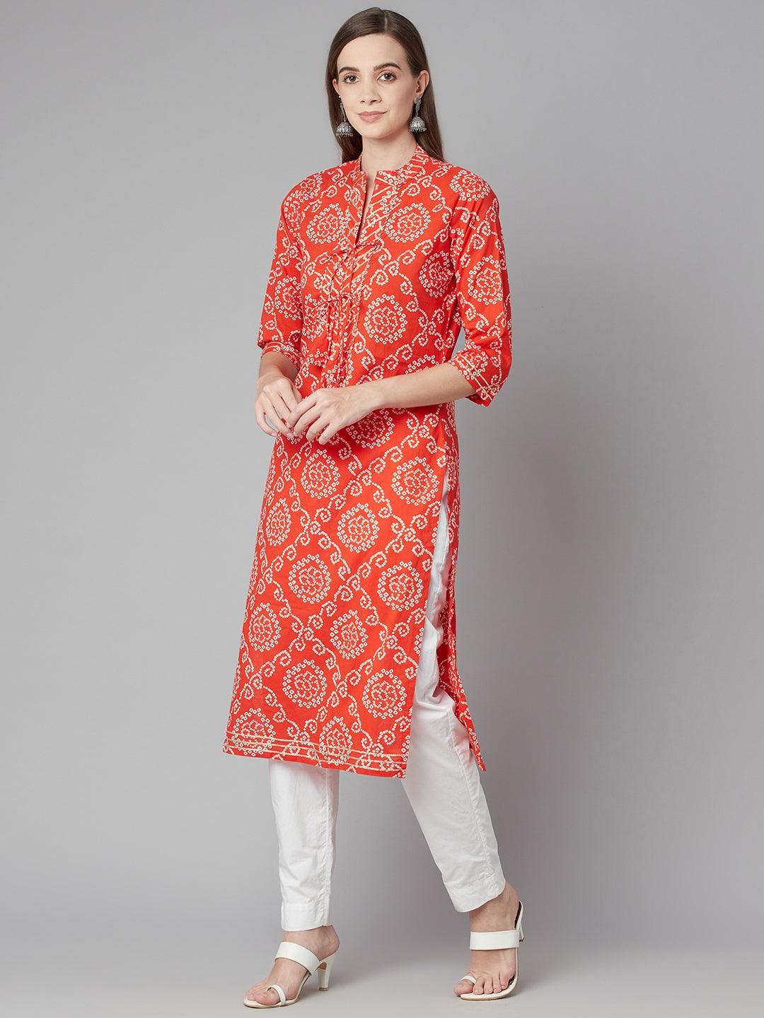  Red bandhej Straight Kurta -  world